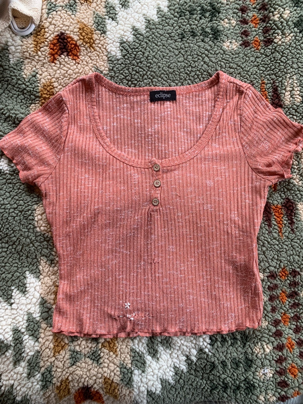 Eclipse Rose-Peach Ribbed Scoop Button Crop Top